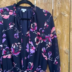 J Crew very dark blue long sheer sleeves lined large floral mini dress